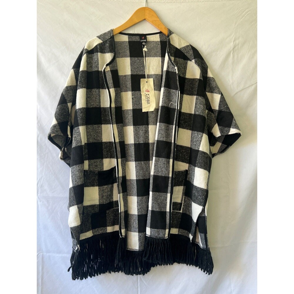 IJOAH NEW WOMAN WOOL BLEND HANDMADE CHECKED PONCHO WHITE/GREY/BLACK - Size M/L